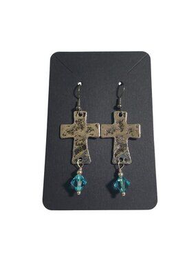 Rustic Silver Tone Cross Earrings Aqua Crystals Dangle Hook Handmade Jewelry